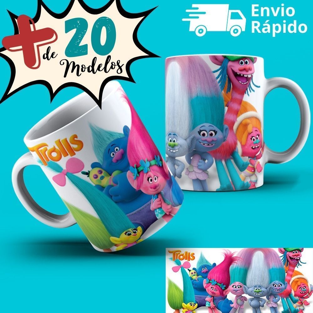 Caneca Trolls Filme Vários Personagens, Poppy, John Dory, Guy Diamond, Tiny Diamond