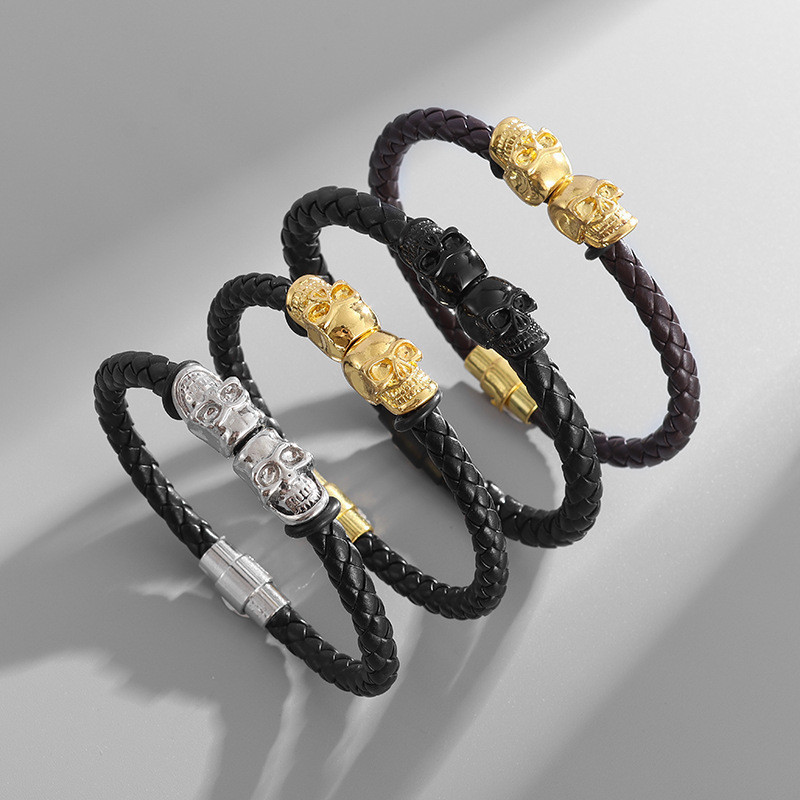 Acessórios de moda couro do plutônio trançado Design crânio pulseira de Metal estilo coreano na moda masculino feminino