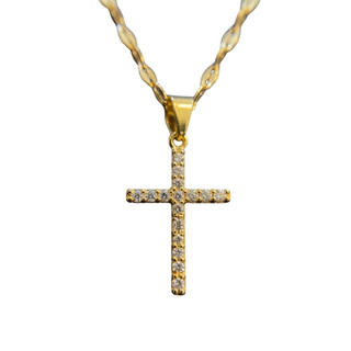 Colar Cingapura Banho Ouro 18k Pingente Cruz Cravejada