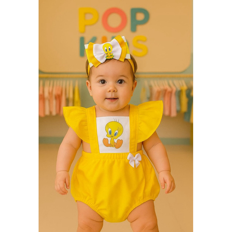 Jardineira romper PiuPiu Infantil Looney Tunes Fofo Look piu piu Body Tematico Mesversario Piu Piu Amarelo Fantasia Body