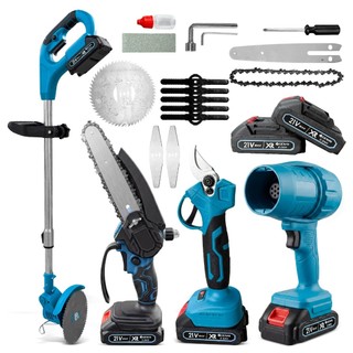 Kit Jardim 4 em 1 Sem Fio 21V GENAI-Corta-Relva-Motosserra, Tesoura Elétrica e Soprador com 2 Baterias