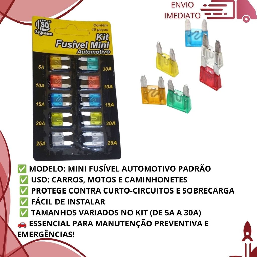 Fusíveis Automotivos Mini Lâmina 10 a 30 Unidades 5A 10A 15A 20A 25A 30A Universal Para Moto Carro — imagem 2 de 2