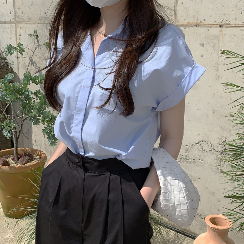 Camisa branca chique Design Casual nicho camisa azul blusa camisa polo branca francesa temperamento coreano