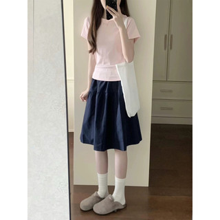 Estilo japonês Super bonito mais magro olhar A linha macacão saia gordura mm tamanho grande verão azul marinho pequeno h
