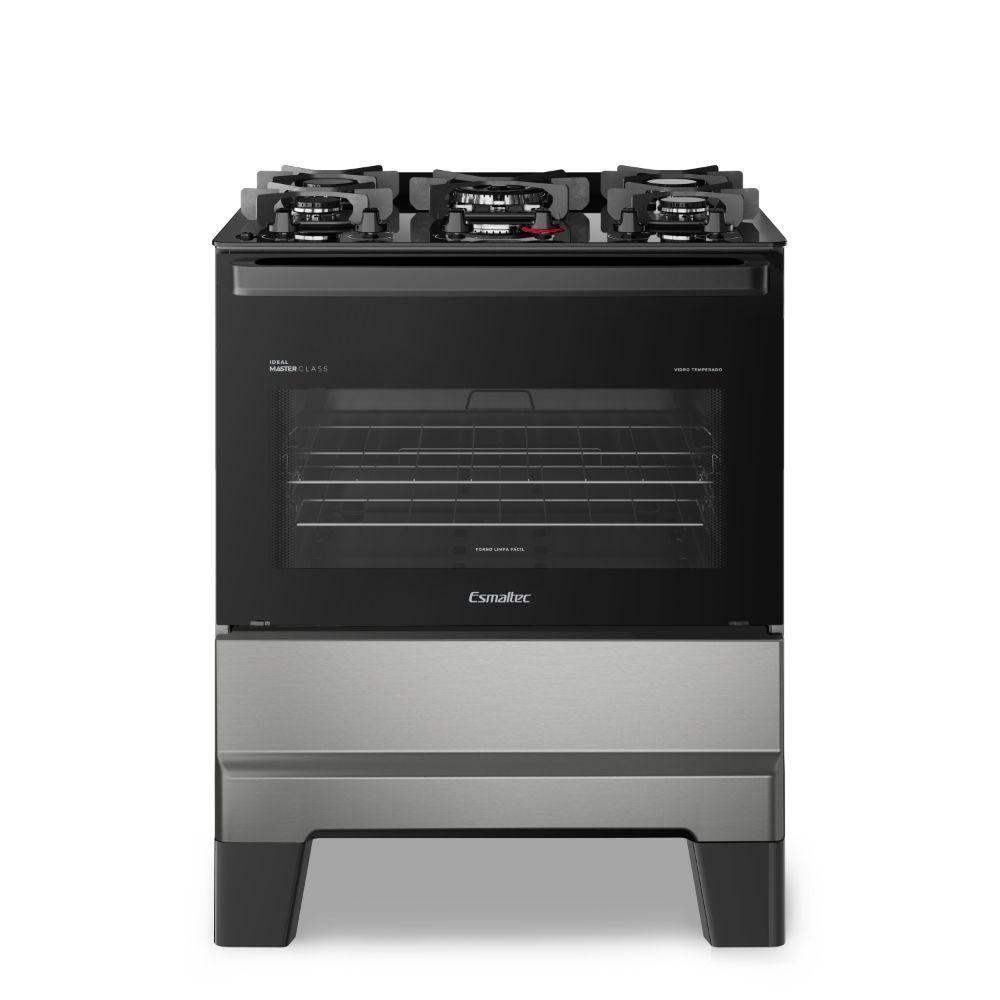 Fogão de Piso 5 Bocas a Gás Esmaltec Ideal Master Glass Mesa de Vidro Temperado Inox Bivolt