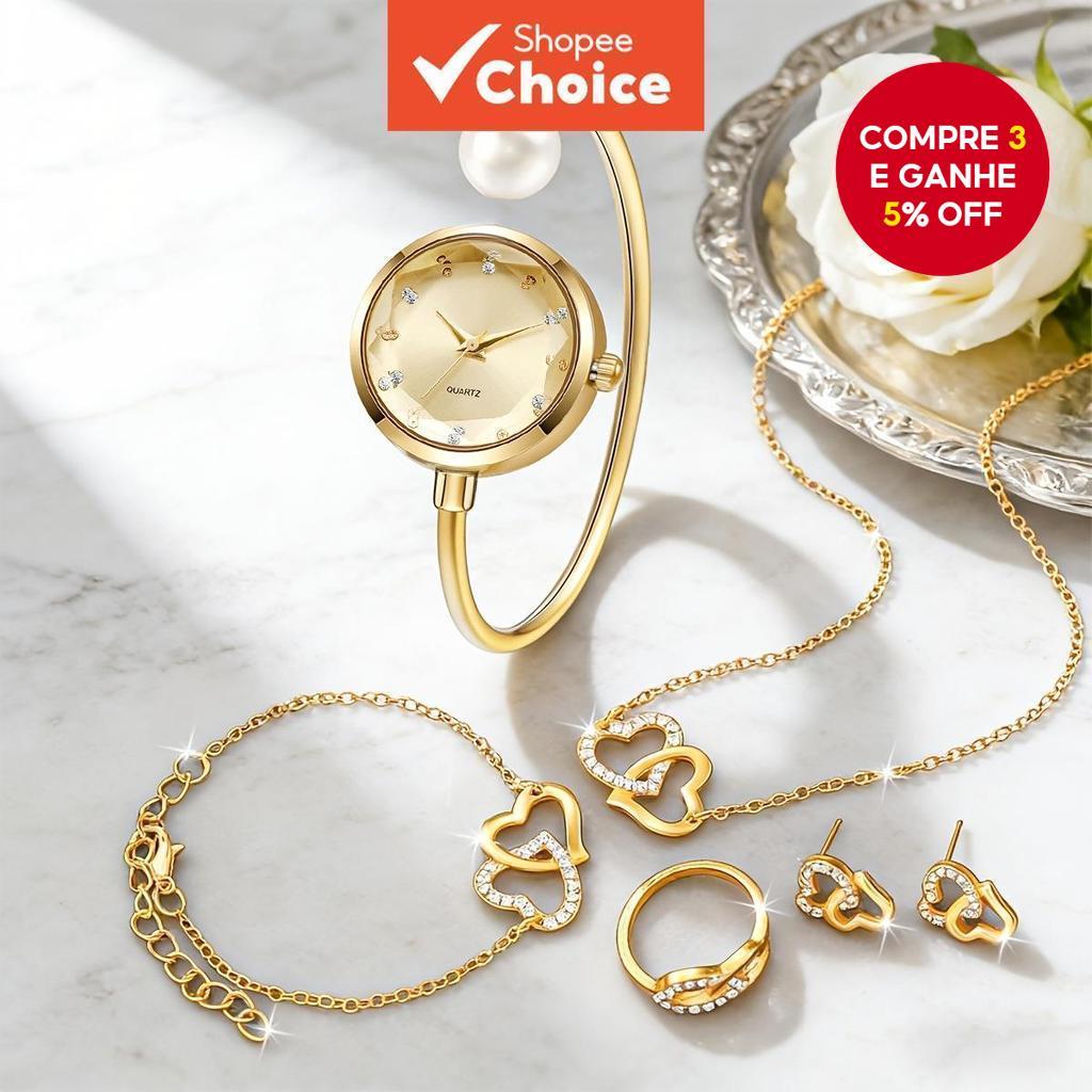 Conjunto De Coração Pérola De 6 Peças De Primavera – Relógio Feminino Com Mostrador De Diamante E Pulseira Presente Idea