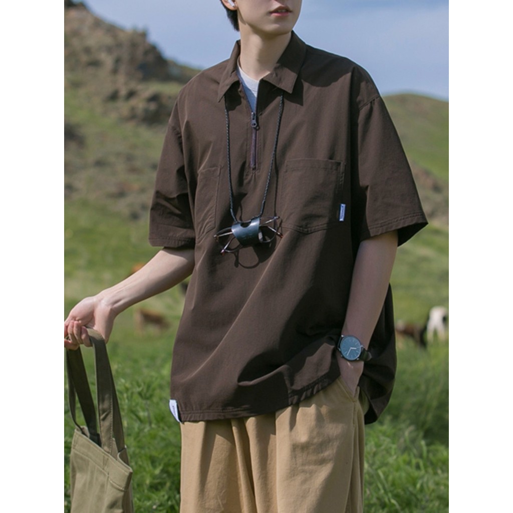 Camisa polo masculina com meio zíper, manga curta, verão, Street Wear, série de montanha solta, roupa de trabalho, estil