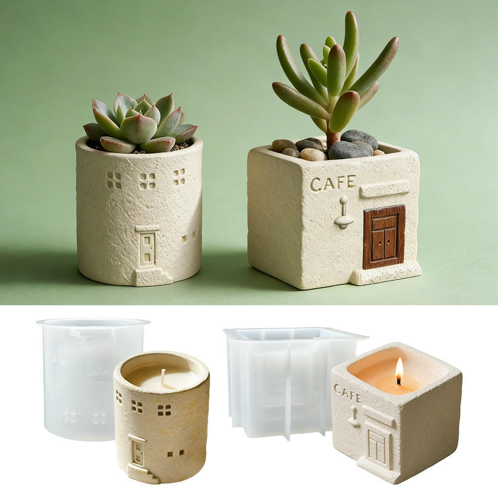 Molde De Silicone Em Forma De Casa , Concreto E Resina Com Design Café 3D , Para Plantador Fabricação De Castiçais