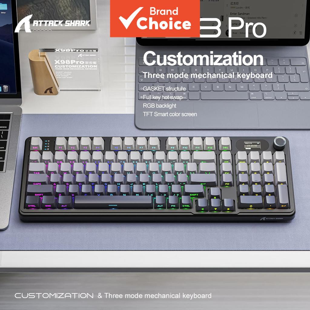 Teclado Mecânico Attack Shark X98 Pro 80% | 3 Modos BT/2.4G/Com Fio | Troca a quente | Suporte de Borracha | RGB e