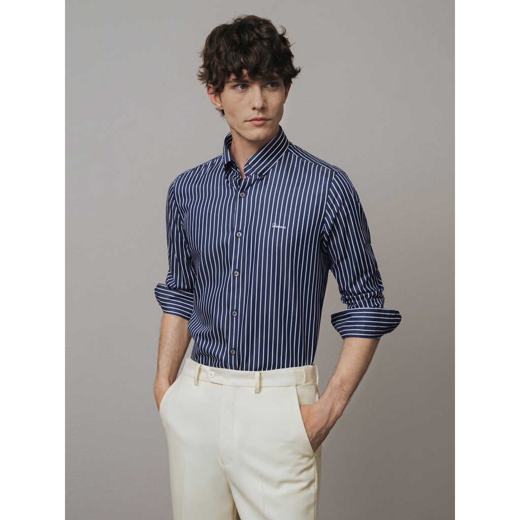 Aojia camisa listrada de negócios masculina casamento puro algodão Casual Anti-rugas camisa masculina manga longa 2025 o