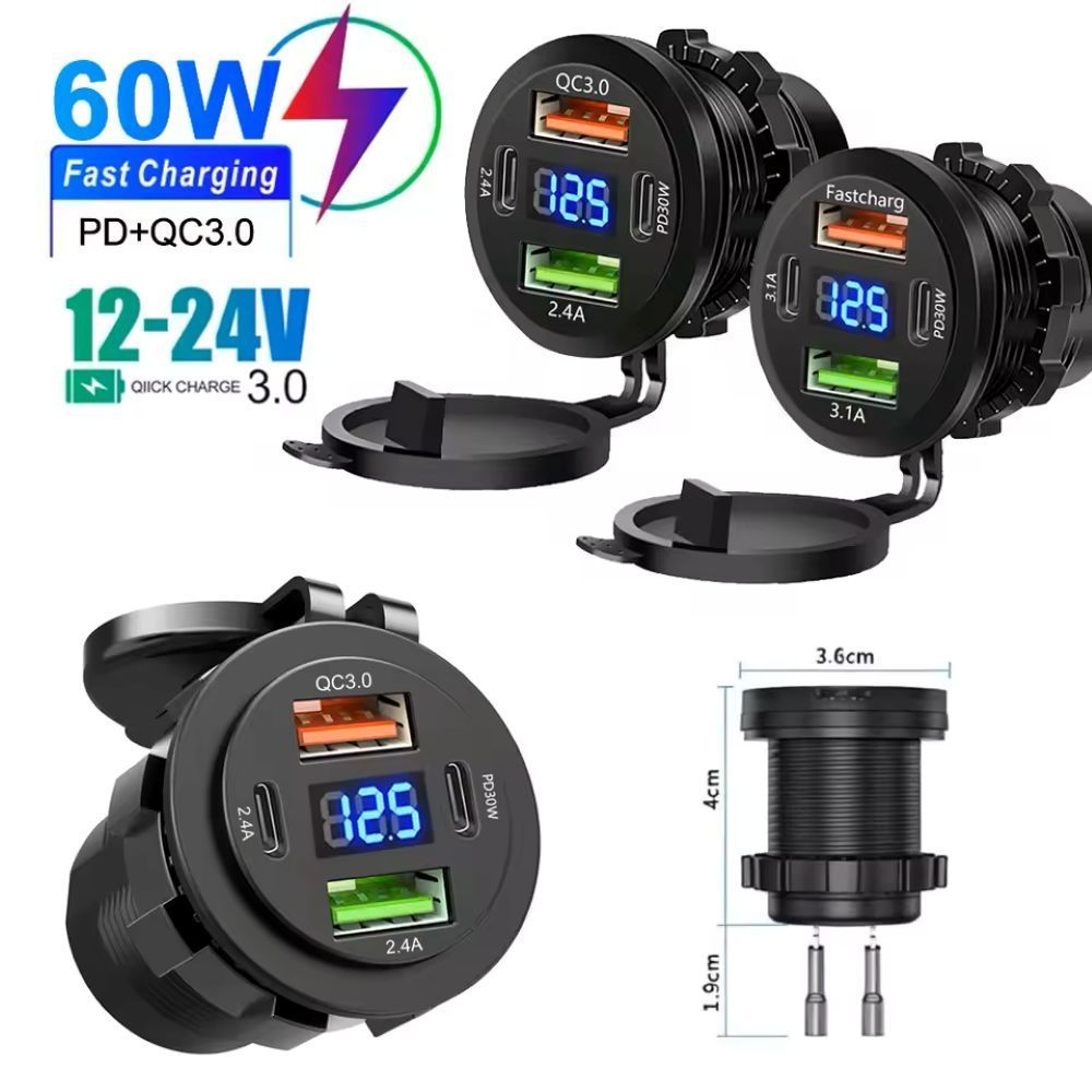 Tomada Para Carregador De Carro Duplo Type-C USB 12V/24V Acessórios E Motocicleta Carregamento Rápido À Prova D'água Com