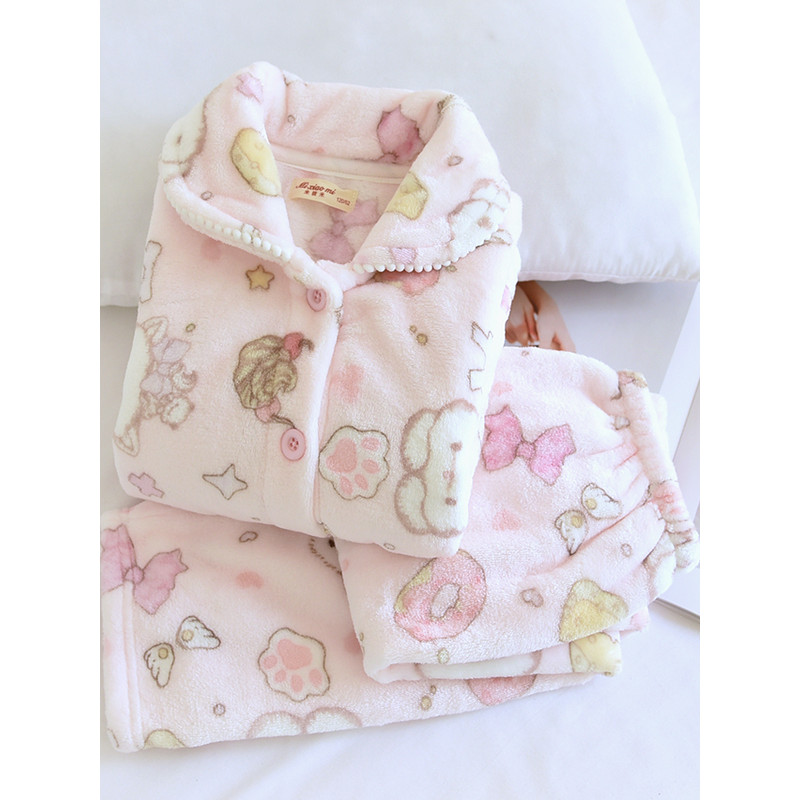 Kaka outono inverno crianças engrossado flanela pijamas conjunto meninas Coral velo princesa Cardigan roupas para casa p