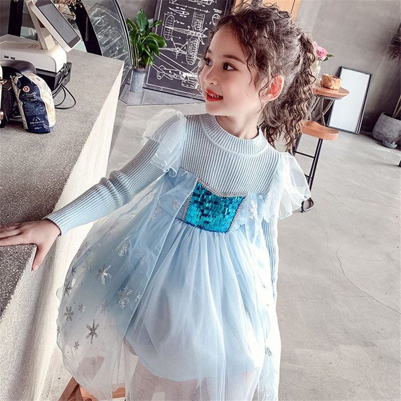 Frozen Elsa vestido de princesa primavera outono novo estilo crianças estilo ocidental vestido de manga comprida bebê ga