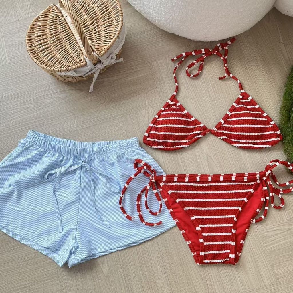 Listrado europeu americano Sexy biquíni férias praia solto listrado Shorts pode usar fora estilo BM Split maiô ins