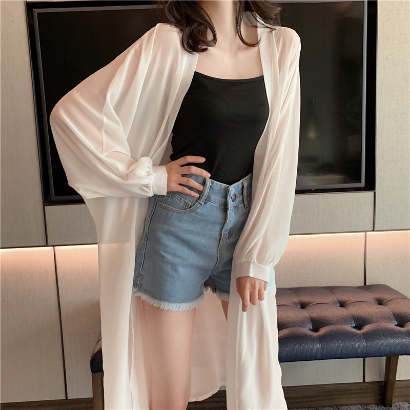 Desconto de marca Roupas femininas europeias Chiffon seda gelo branco protetor solar roupas femininas verão comprimento