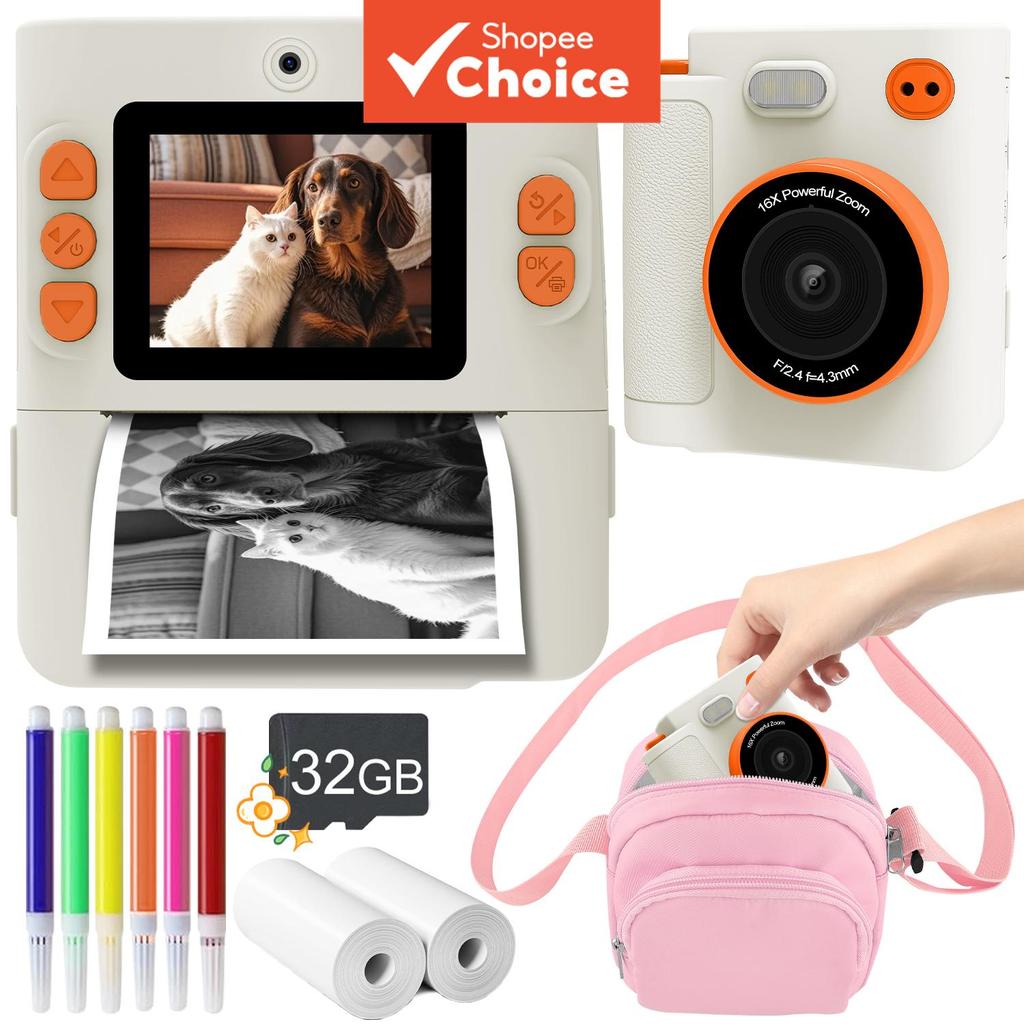 Câmera Instantânea Infantil, Câmera Digital Selfie para Crianças com Papel de Impressão e Cartão 32G, Vídeo 1080P e