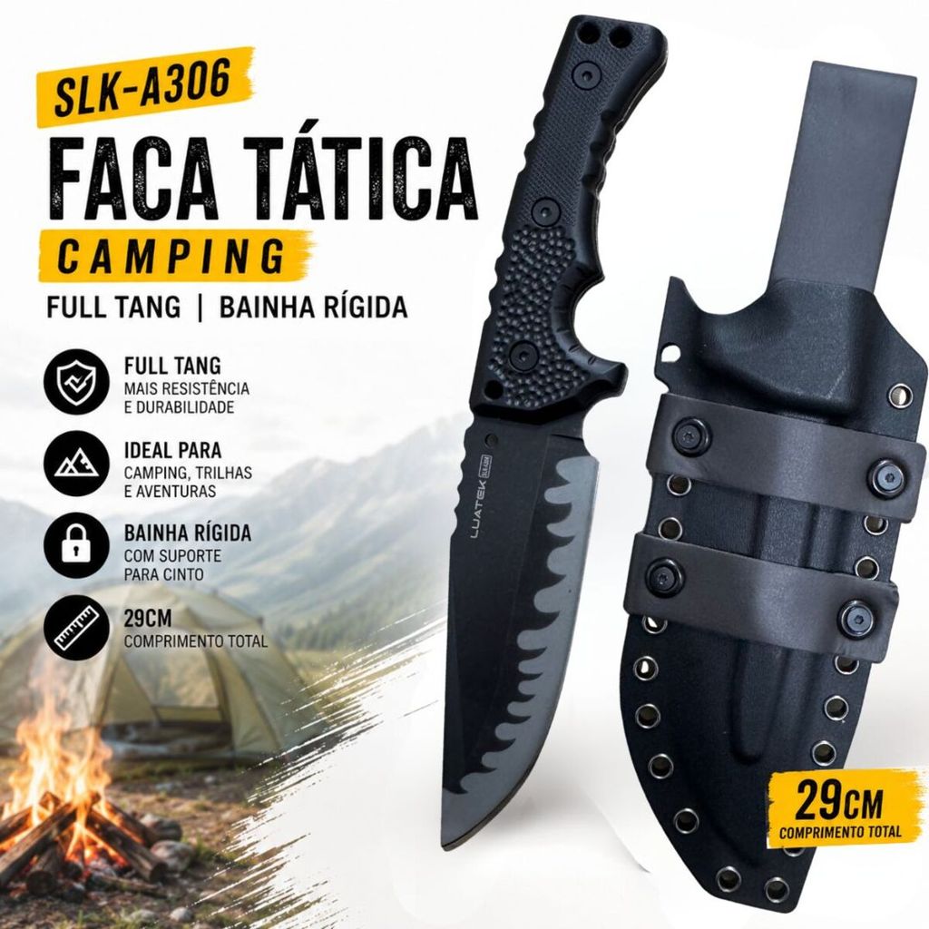 Faca Tática Camping Luatek SLK-A306 Full Tang Bainha Rígida 29cm