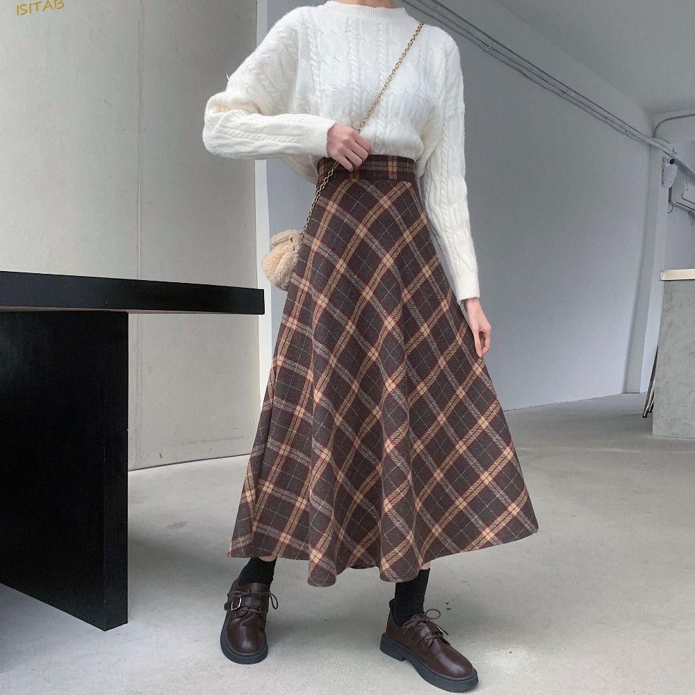 ISITAB Saia Longa De Cintura Alta , Xadrez Retrô Clássica De Inverno Autumu , Meio Vestido Estético Evasê