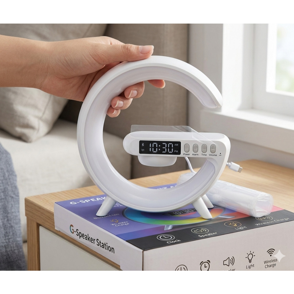 Relógio Despertador G-Speaker Smart Station Luminária RGB Caixa de Som Bluetooth Carregador Indução 6 em 1 Bivolt