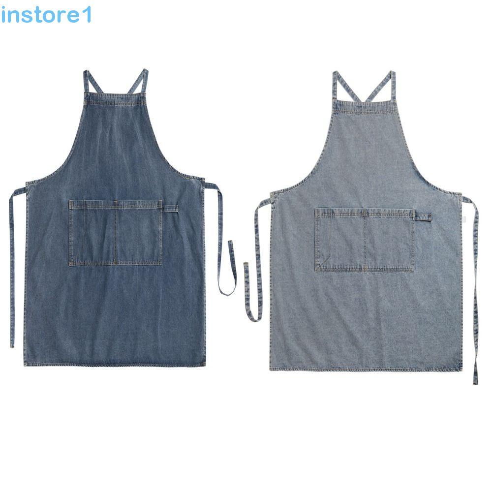 Avental Publicitário INSTORE , Jeans Feminino Lavado Unissex , Bolsos À Prova De Óleo , Roupas De Trabalho De Barbeiro