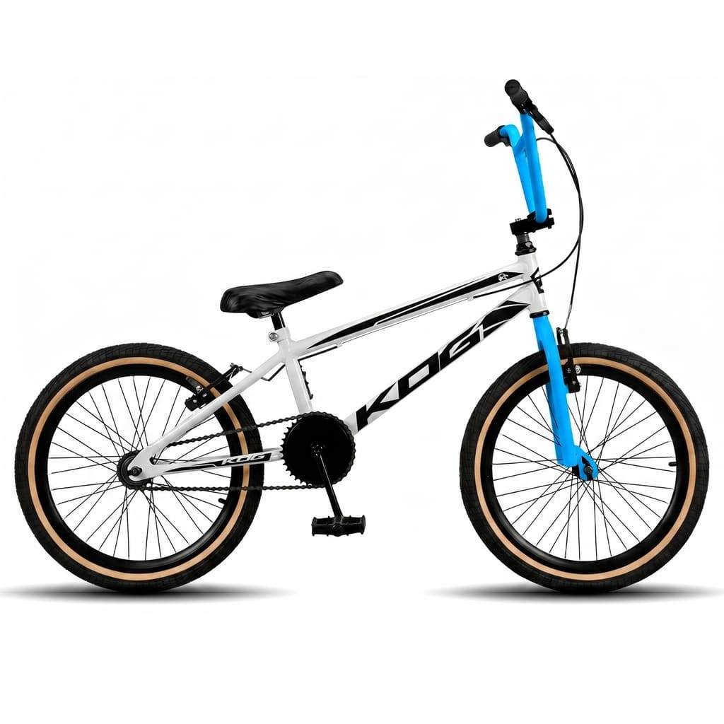 Bicicleta BMX Aro 20 Infantil KOG Freestyle Para Meninos - Branco com Preto Pneus Faixa Bege
