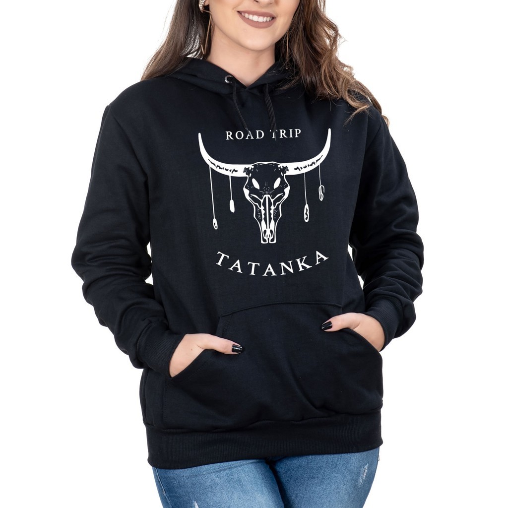 Moletom Canguru Feminino Preto Boi TATANKA Chifre Blusa de Frio Premium Estilosa Confortavel