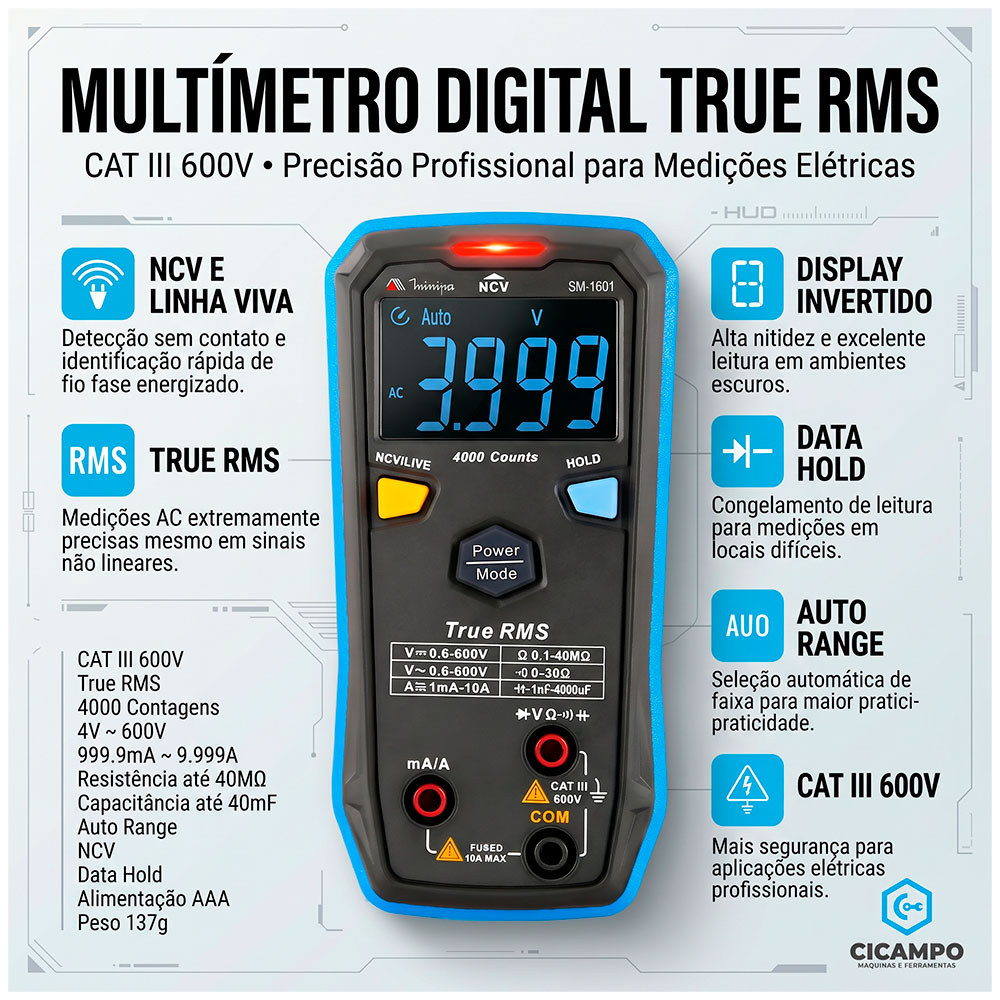 Multimetro Digital True RMS CAT III 600V Minipa SM-1601 · foto 2