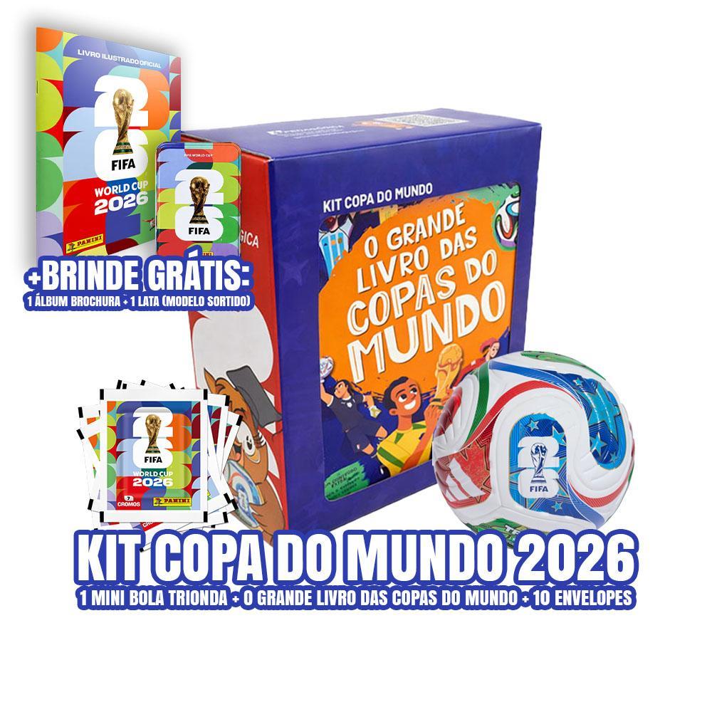 Kit Mini Bola + Livro + 10 Envelopes de Figurinhas com Brinde 1 Lata e 1 Álbum Brochura Copa do Mundo 2026