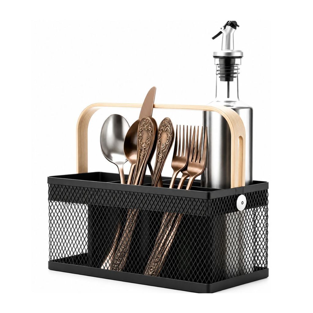 Porta Utensilios talheres de Metal Aramado para Mesa Com Alça de Bambu Organizador Multiuso