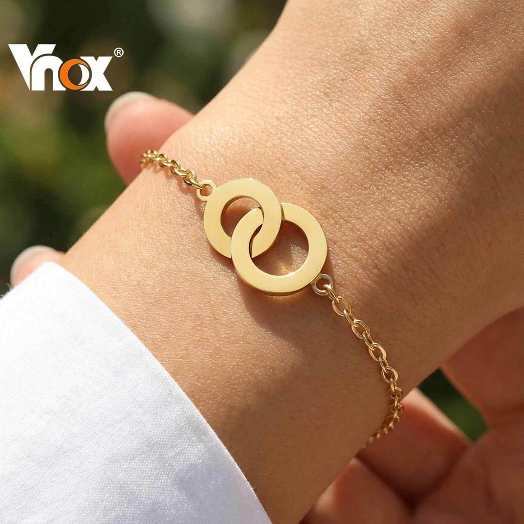 Pulseira De Anel Duplo De Aço Inoxidável Banhado A Ouro Vnox Para Mulheres , Corrente De Elo Interligado , Presente De J