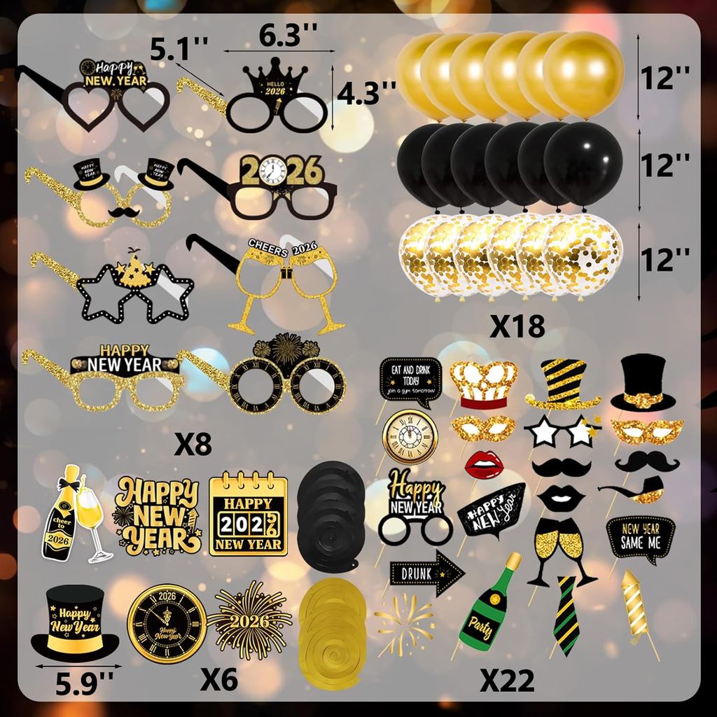Conjunto de 70 Peças de Decorações de Ano Novo 2026, Artigos para Festa de Réveillon 2026 em Preto e Dourado com Faixa,