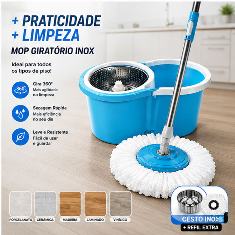Mop limpeza 360° com cabo aço Inox estendido cesto aço Inox, esfregão giratório com balde