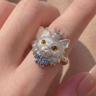 [Estoque pronto] Anel de gato leve e luxuoso exclusivo com coroa de diamante e arco aberto anel de joias de alta qualida