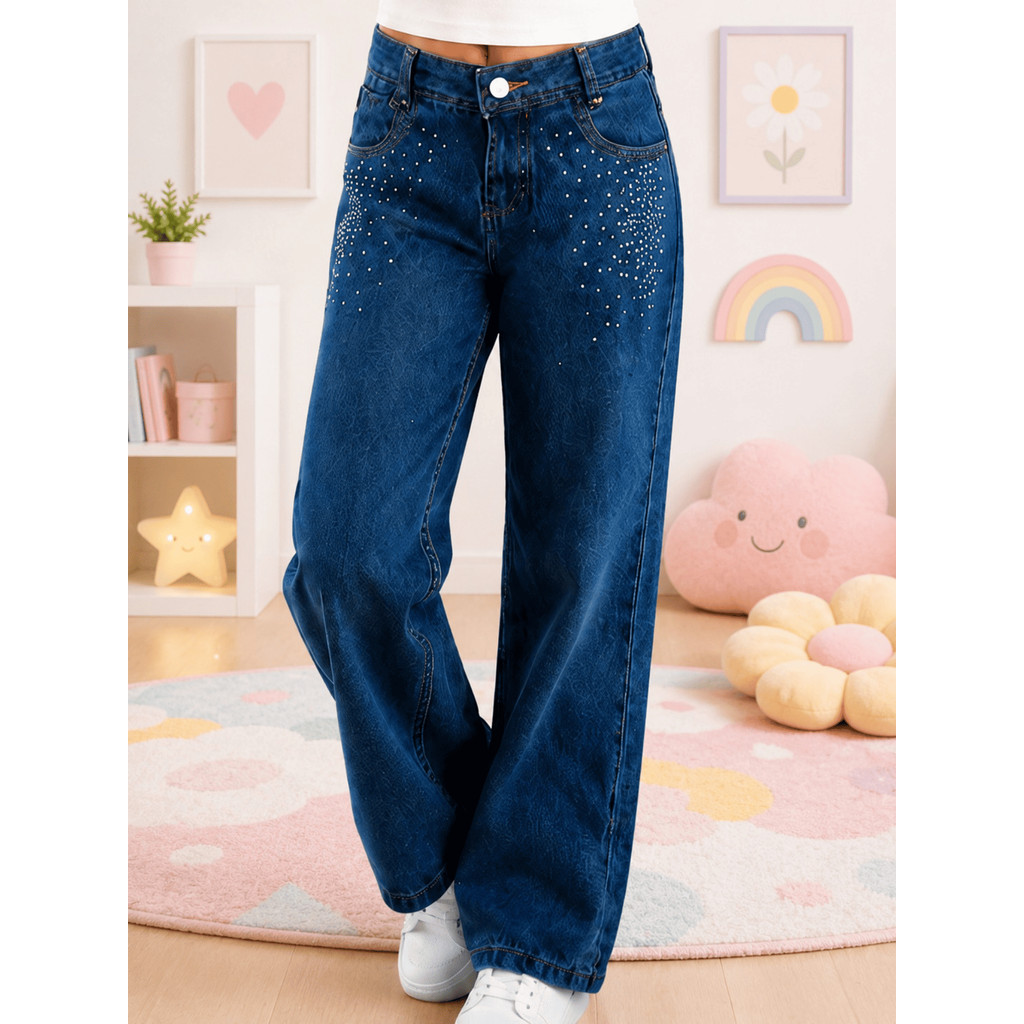 Calça Jeans Wide Leg Infantil Juvenil Menina Com Brilho 10 ao 16