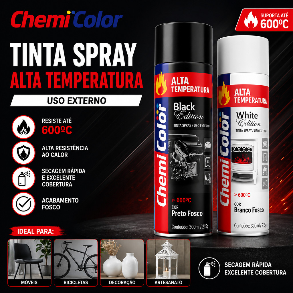 Tinta Spray Alta Temperatura Branco e Preto Chemicolor 600°C Resiste ao Calor Extremo e Motor, Lareira e Escapamento