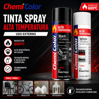 Tinta Spray Alta Temperatura Branco e Preto Chemicolor 600°C Resiste ao Calor Extremo e Motor, Lareira e Escapamento