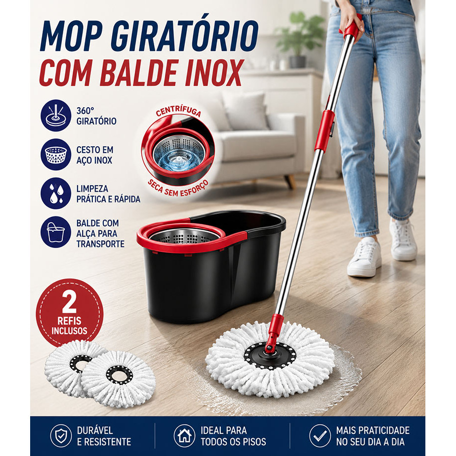 Mop desaguador automático giratório 360° Cabo aço Inox Cesto aço Inox com balde