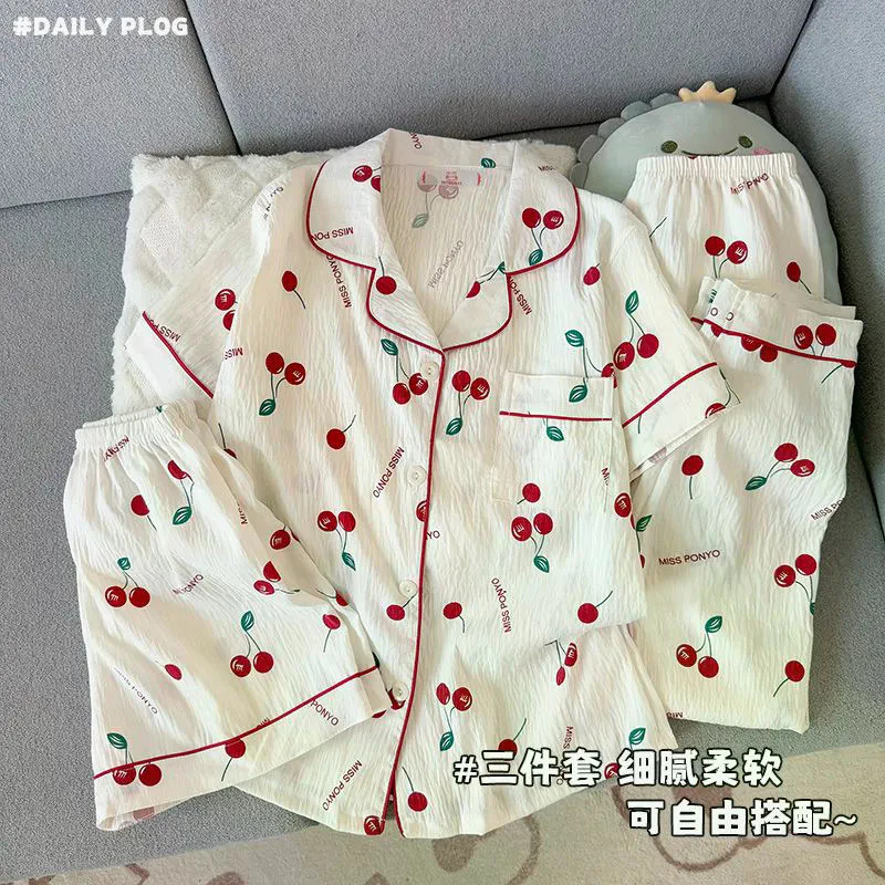 Feminino Doce Manga Curta 3 Peças Terno Cereja Desenho Animado Estampa Pijama Para Casa — imagem 1