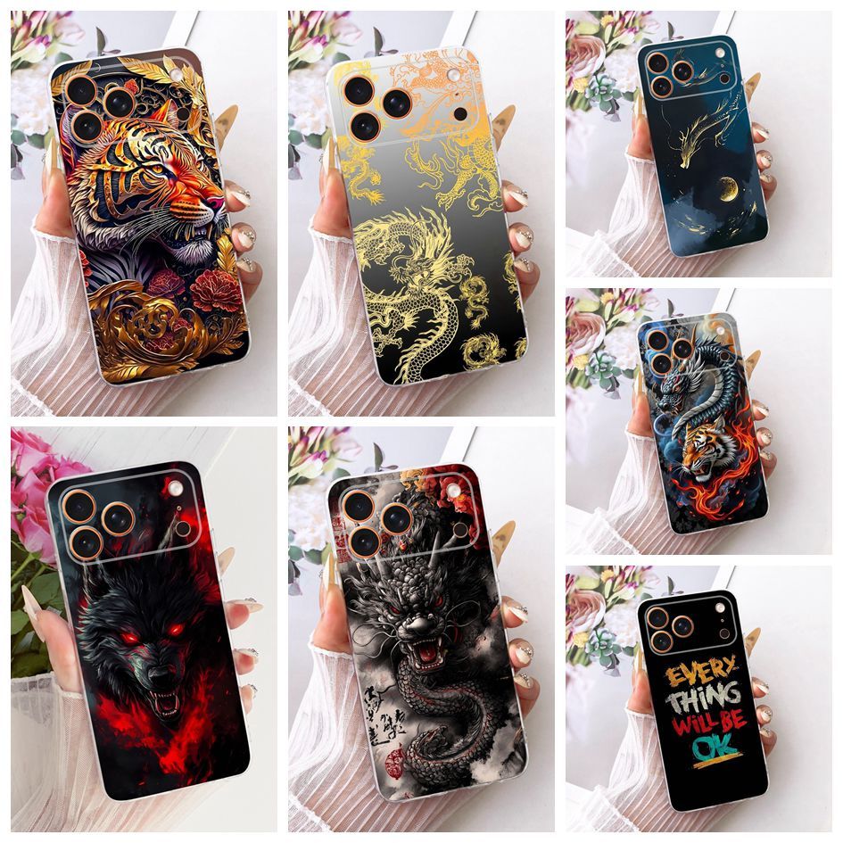 Para iPhone 17 Pro Max Embalagem Legal Dragão Tigre Lobo Animais Pintados Capa De Silicone Macio Fino Caso De Telefone V