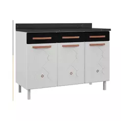 Balcão de Cozinha Mirage New Aço 3 Portas e 3 Gavetas c/Tampo 120cm Branco/Preto - Telasul