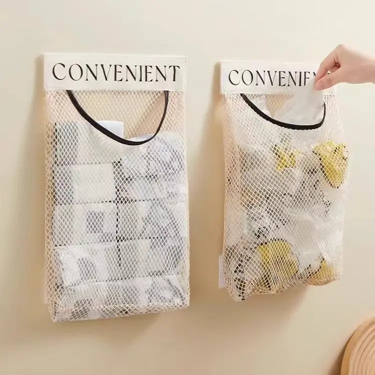 Saco de lixo de parede da cozinha rede de armazenamento bolso rede de cabelo doméstico pendurado saco de armazenamento c