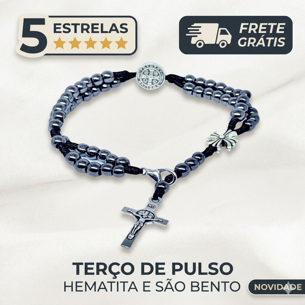 Terço de Pulso Pulseira São Bento - Hematita e Aço Inox Premium