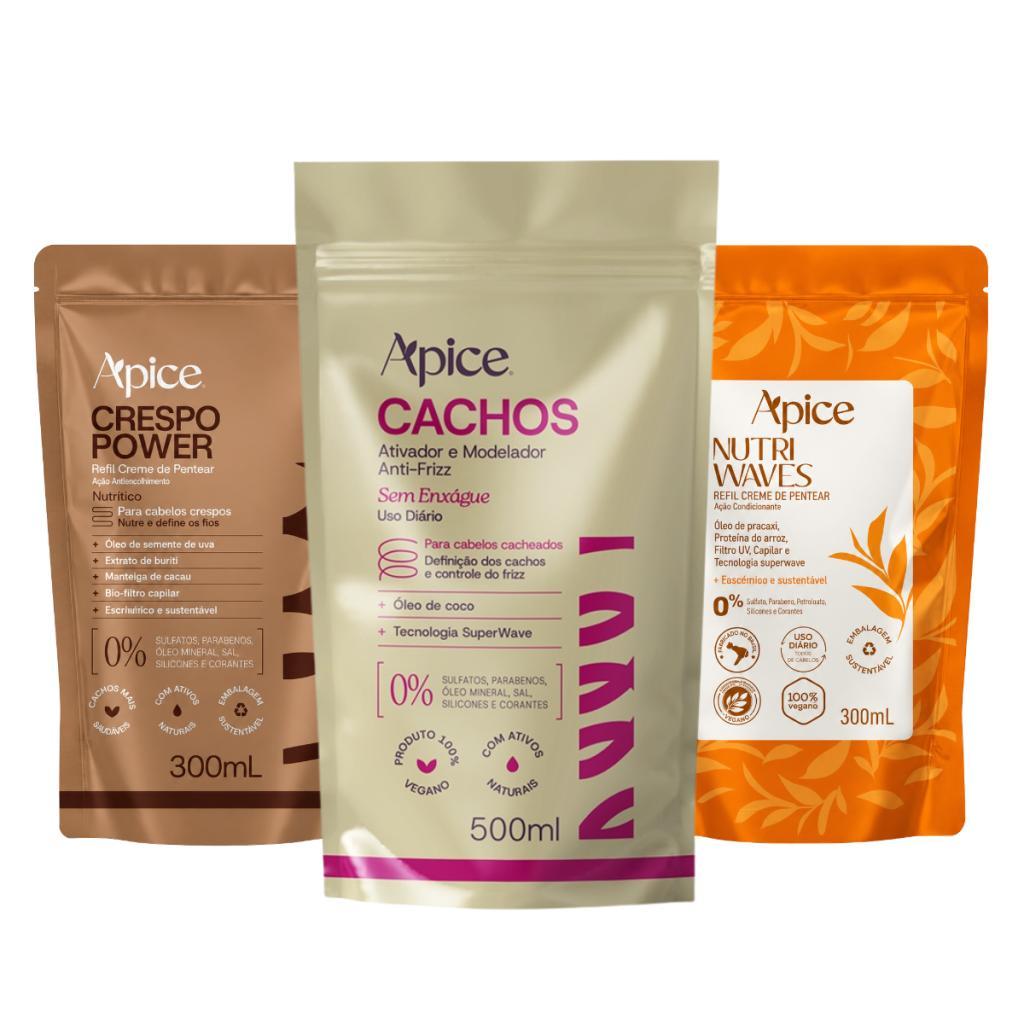 Kit Apice Trio Refil Ativador Cachos Nutritivo 500ml + Creme de Pentear Nutri Waves 300ml + Crespo Power 300ml