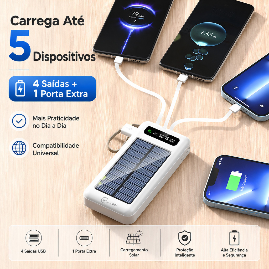 Bateria Externa Solar 20000mAh Carregador Rápido Para Celular ios Android