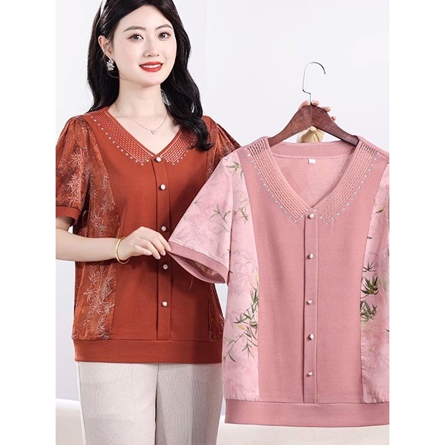 2025 verão de meia-idade idosos feminino de manga curta moda estilo ocidental roupa da mãe topo estilo nacional camisa p