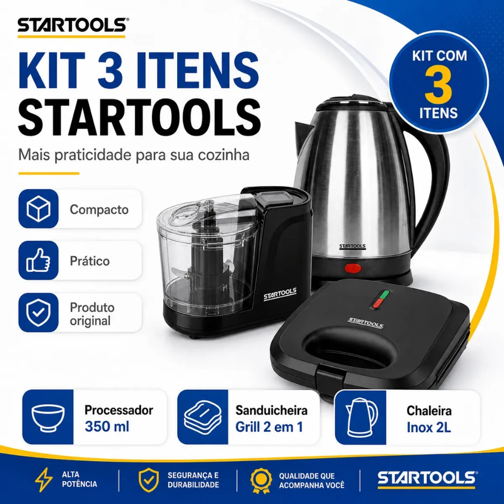Kit Cozinha 3 em 1 Chaleira Elétrica Inox 2L + Mini Processador 350ml + Sanduicheira Grill 127V