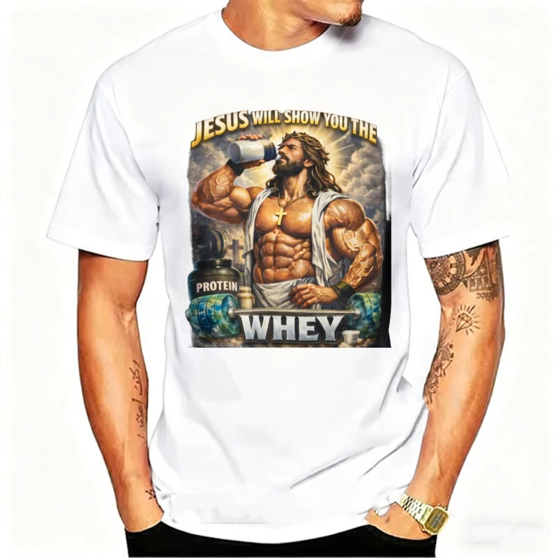 Holding Protein Shake Tee Jesus Mostrará-Lo The Whey'muscle Christian Workout Crewneck Estilo Casual Manga Curta Regular