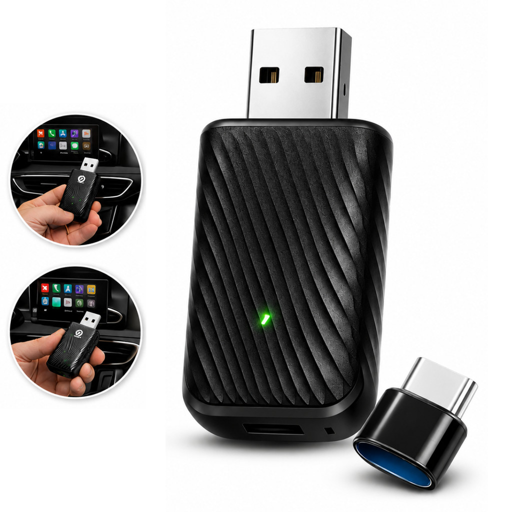 Adaptador CarPlay Sem Fio 2 em 1 Android Auto iPhone Plug and Play Bluetooth Wi-Fi