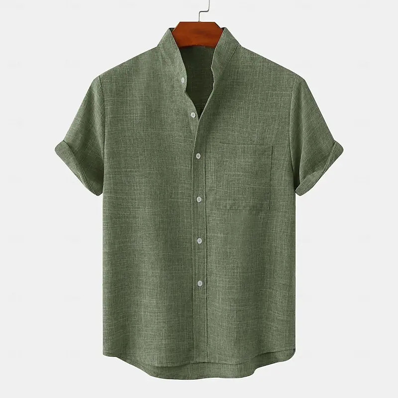 Top Masculino 3D Popular Camisa Meio Suéter Botão Gola Cor Sólida Linho Tamanho Europeu Manga Curta Moda Na Respirável K