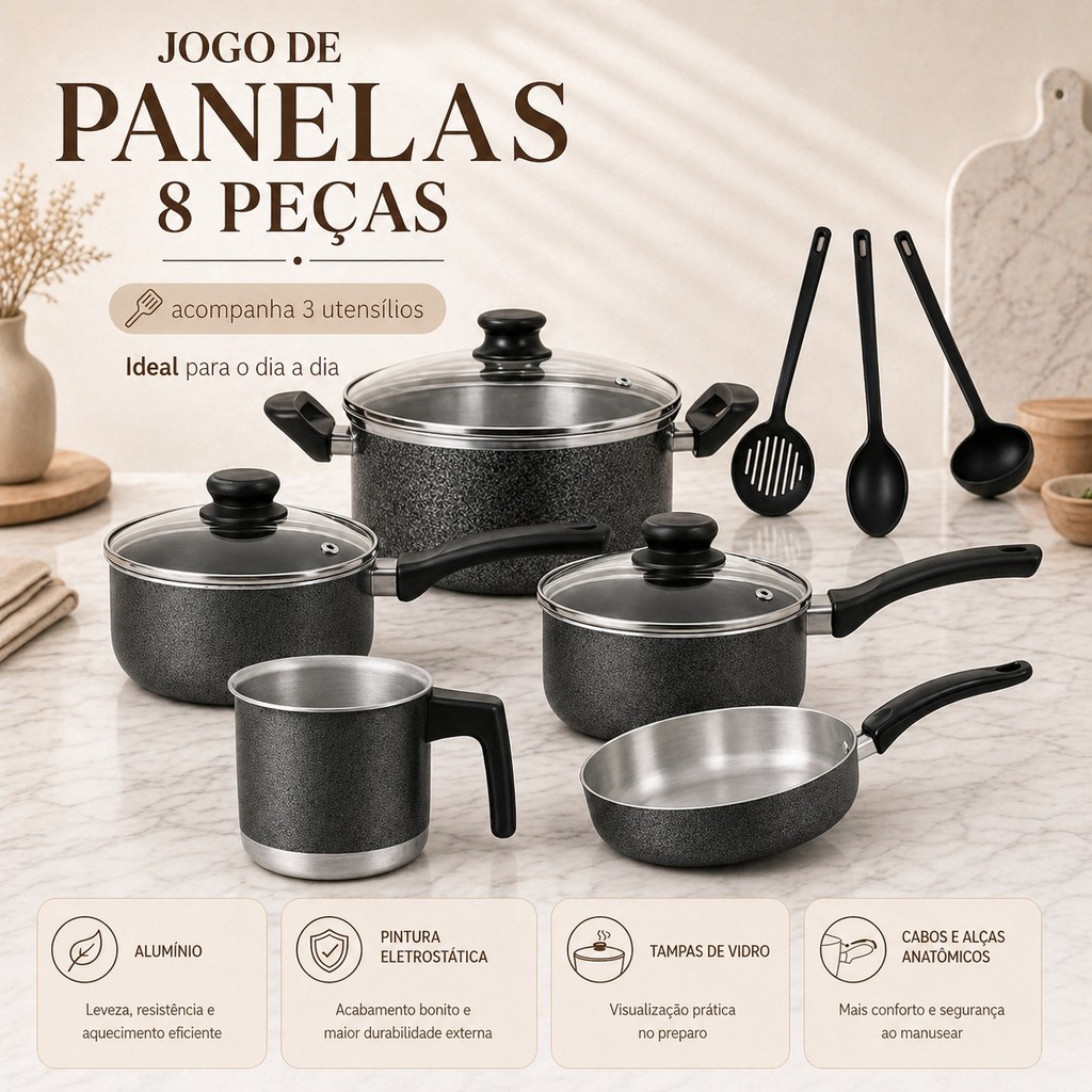 Conjunto de Panelas Alumínio Kit com 5 Peças + Espátulas  Panela 18 Panela 16 Frigideira 18 Caçarola 18 Leiteira 12